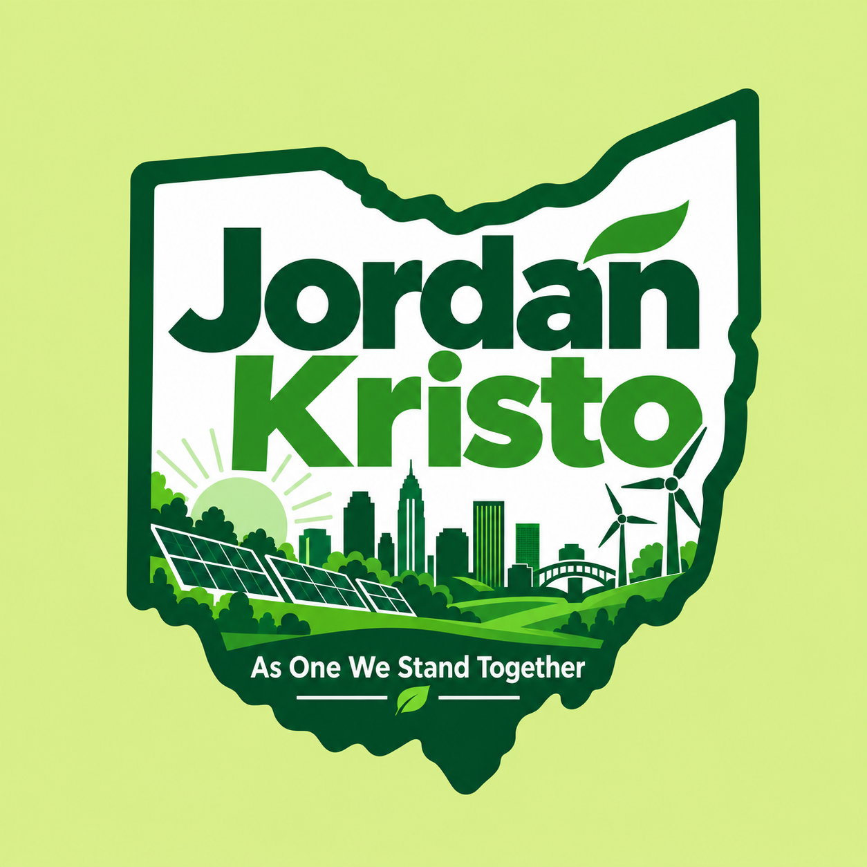 Jordan Kristo logo inside the outline of Ohio, with clean energy, green communities, and the slogan As One We Stand Together